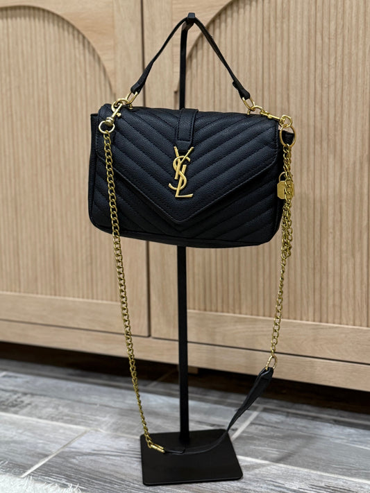 Quilted Contemporary Gold and Black Logo Shoulder Bag