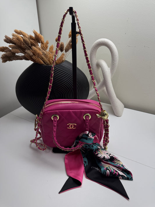 Vibrant Pink Quilted Crossbody Bag with Chain Detail and Scarf