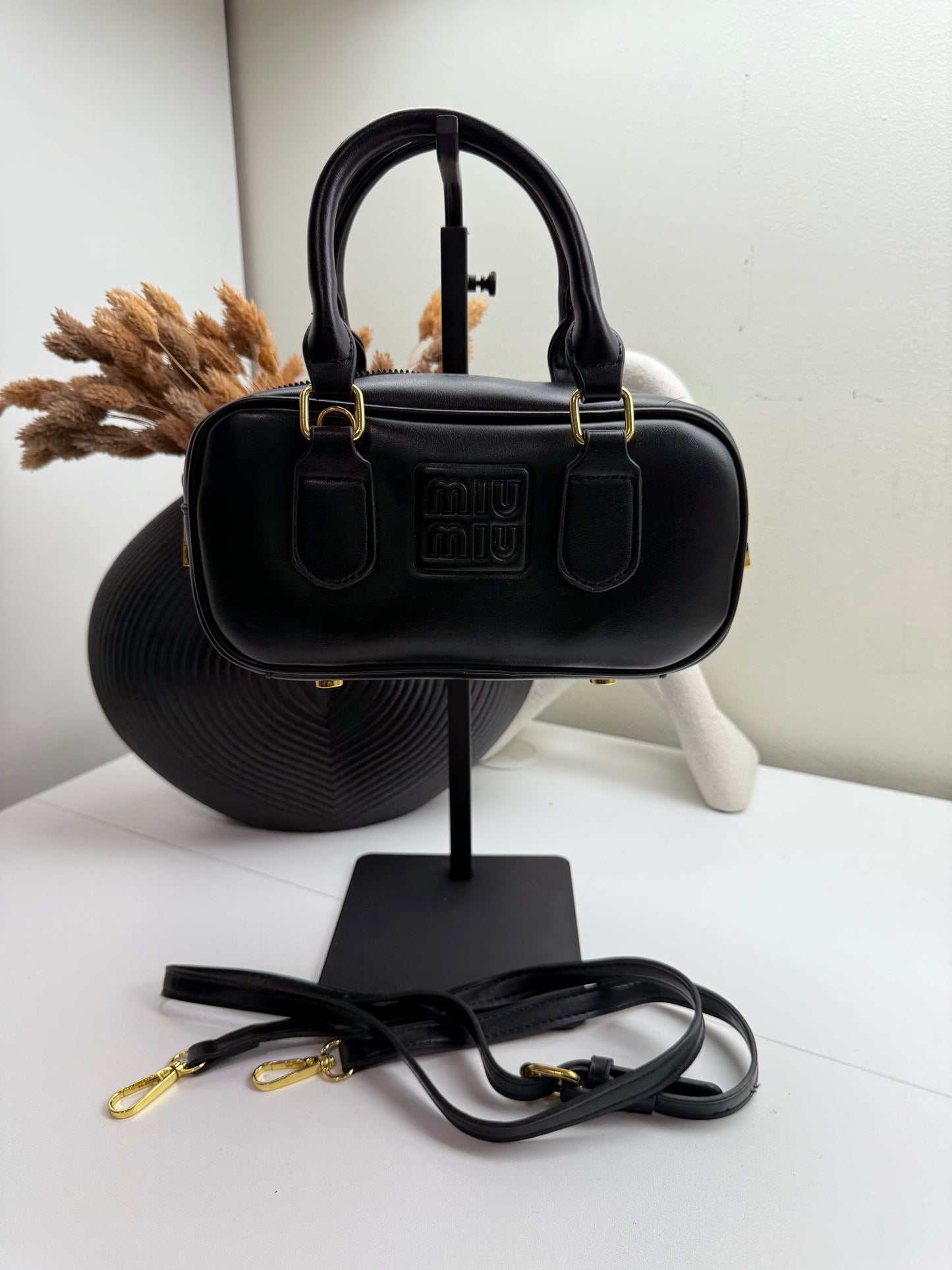 Chic Black Leather Look Mini Bowling Bag Gold Hardware Detachable Strap