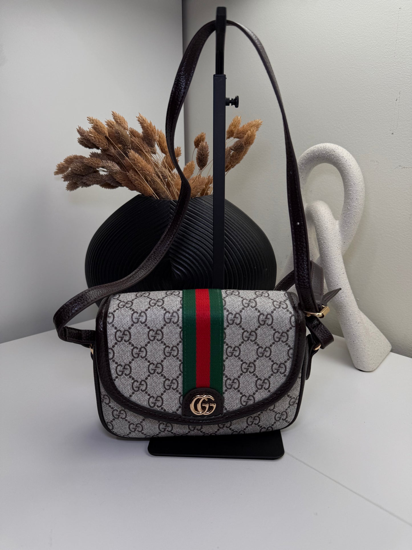 Chic Vintage Style Monogram Print Satchel with Signature Striped Detail