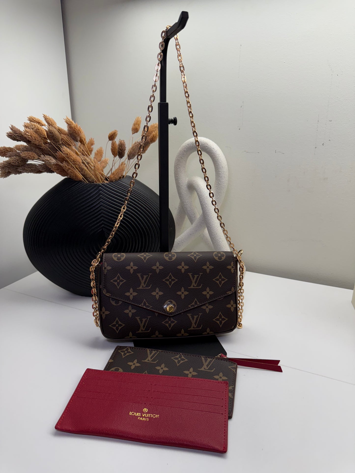 Designer-Inspired Brown Monogram Shoulder Bag & Red Card Holder Set