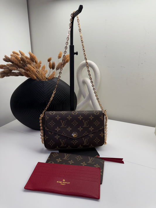 Designer-Inspired Brown Monogram Shoulder Bag & Red Card Holder Set