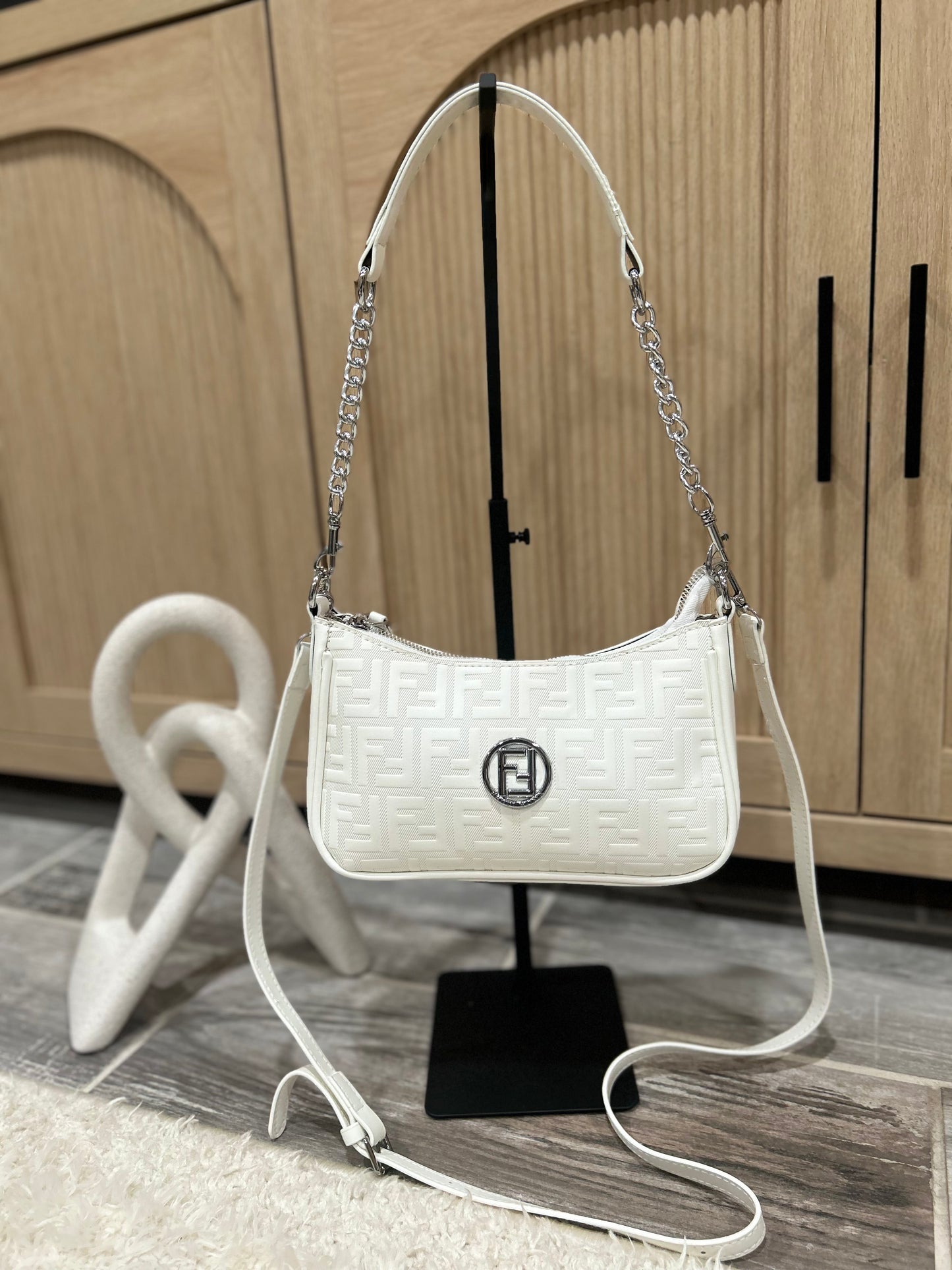 Chic Embossed Convertible Bag - Silver Chain Detail Shoulder & Crossbody Style