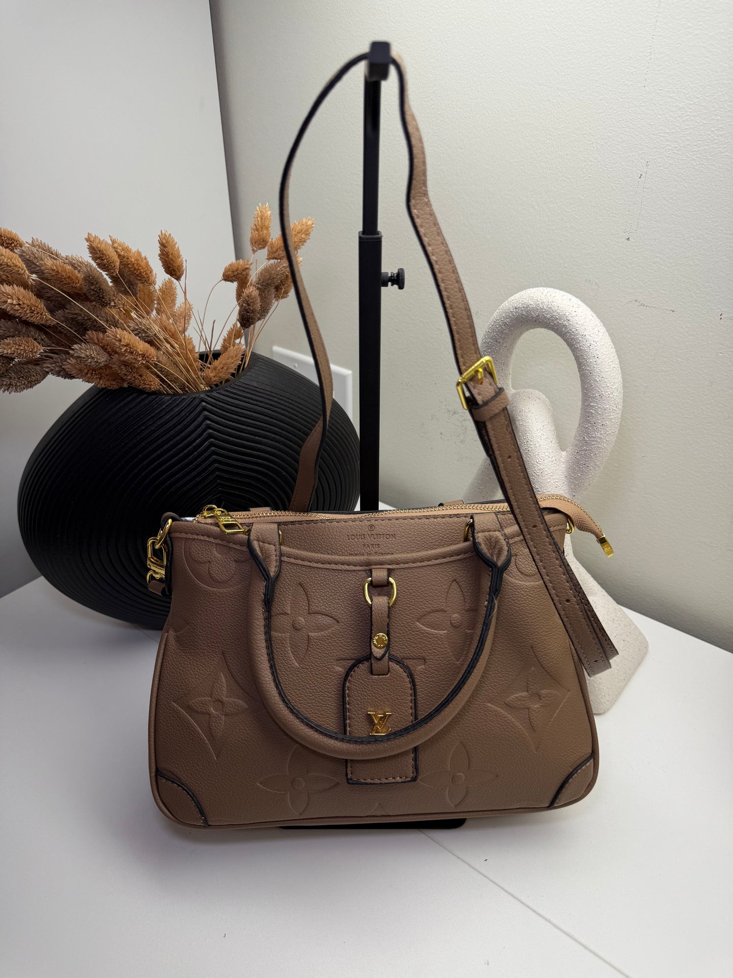 Chic Embossed Black Leather Mini Boston Bag with Detachable Strap