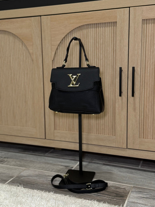 Elegant Black Textured Leather Top-Handle Bag with Gold-Tone Hardware
