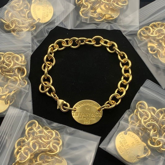 Classy Gold Cable Chain Bracelet with Engravable Round Tag