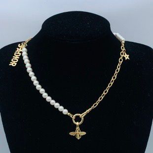 Asymmetrical Pearl & Gold Chain Necklace with Bee Charm