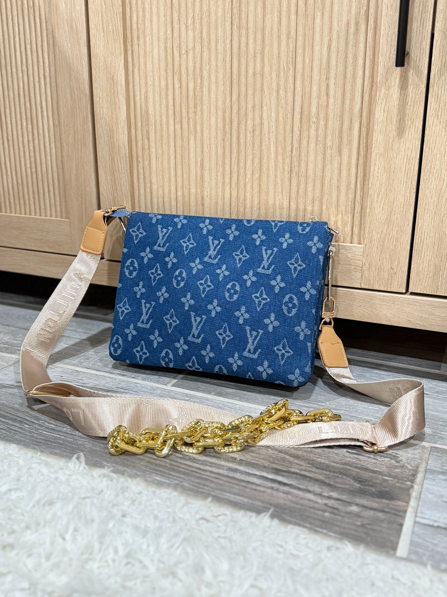 Chic Monogram Denim Look Crossbody Pouch with Chain Strap