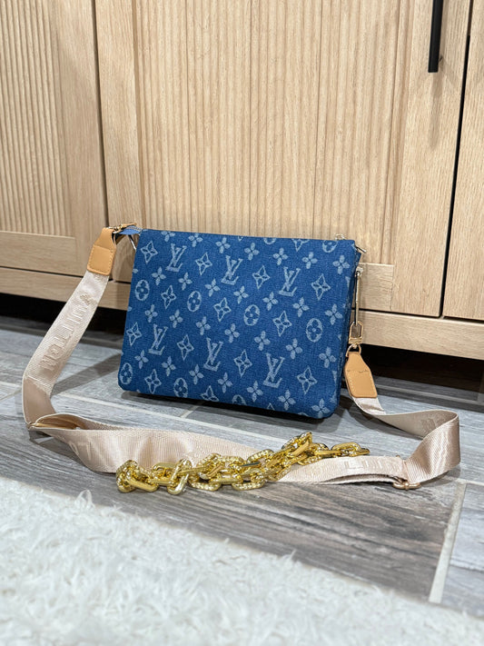 Chic Monogram Denim Look Crossbody Pouch with Chain Strap