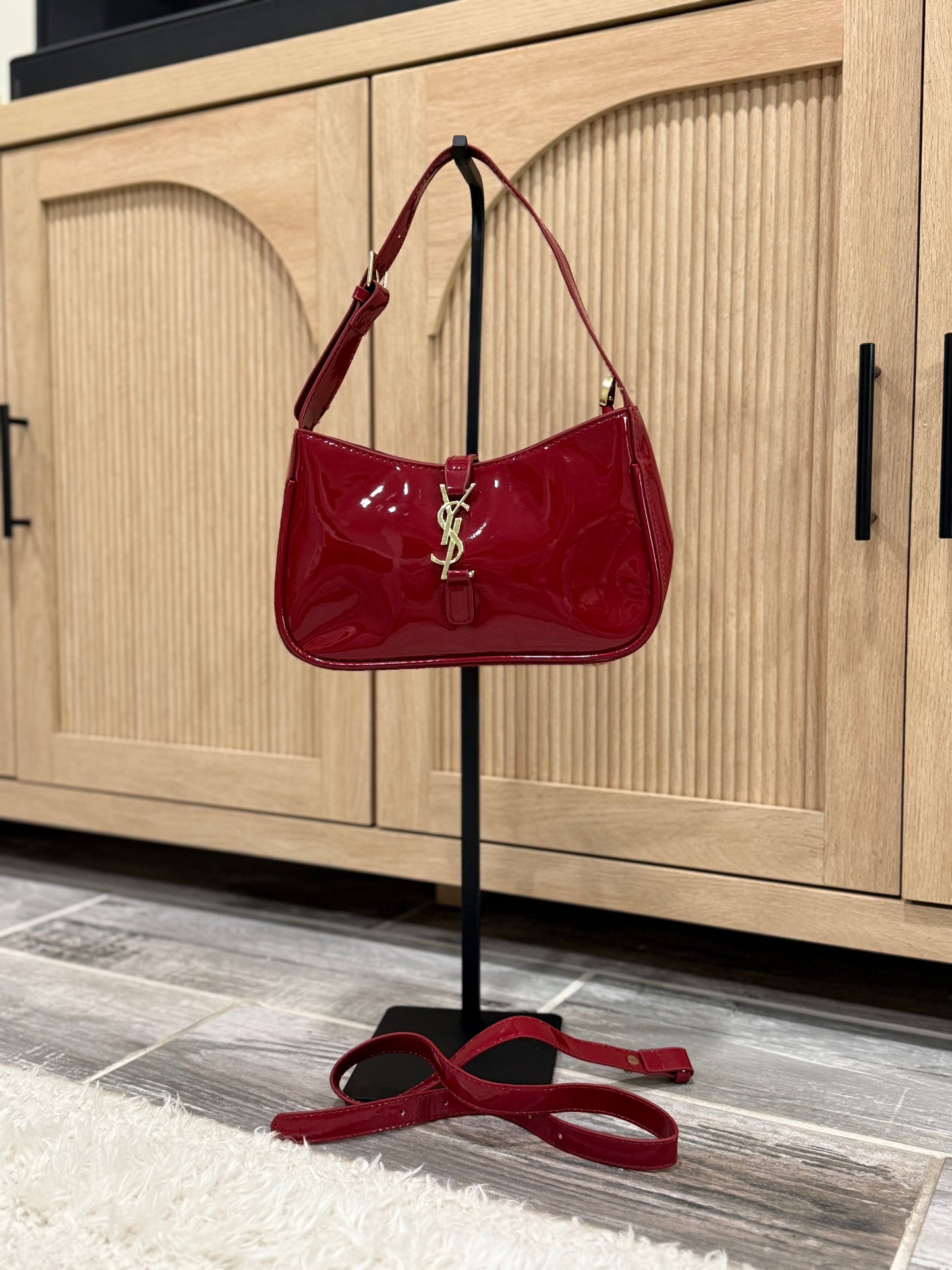 Chic Cherry Red Patent Leather Shoulder Bag