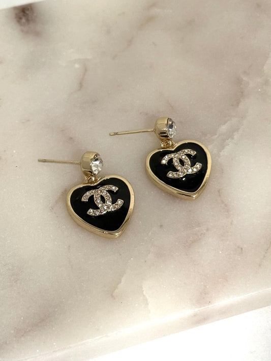 Luxurious Black Enamel Heart Drop Earrings