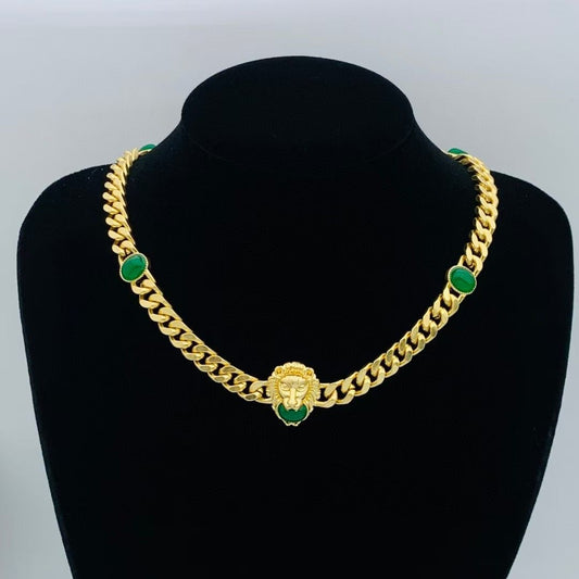 Luxury Gold Curb Chain Necklace with Green Gem Accents and Lion Head Pendant