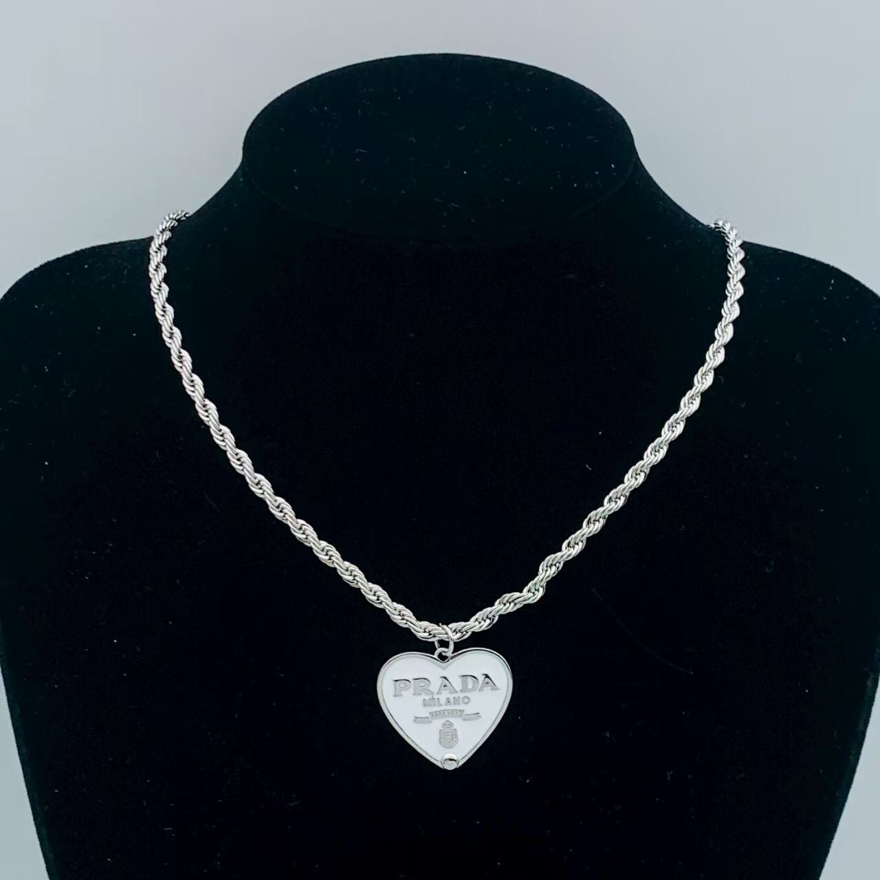 Trendy Heart Tag Statement Necklace on a Twisting Silver Chain