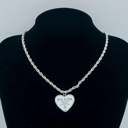 Trendy Heart Tag Statement Necklace on a Twisting Silver Chain
