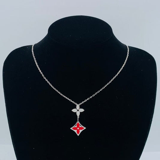 Chic Red Enamel & Cubic Zirconia Floral Charm Necklace