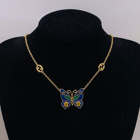 Luxury Enamel Butterfly Pendant Necklace – Gold Chain with Blue & Green Detailing