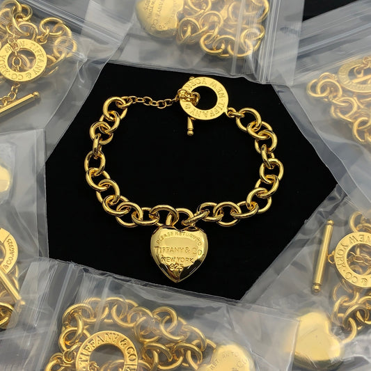 Elegant Gold Toned Heart Lock Toggle Chain Bracelet