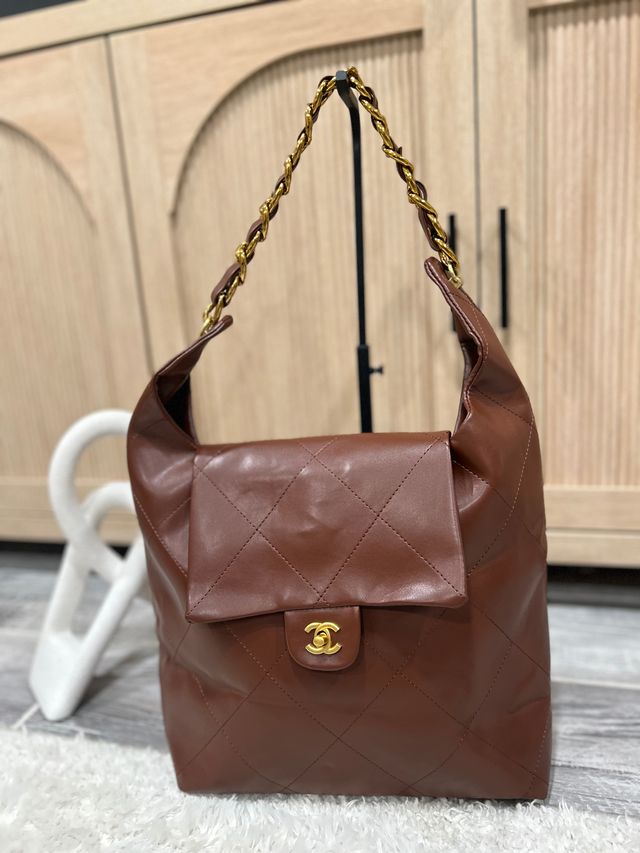 Quilted Leather Hobo Bag with Chain Strap Rich Brown