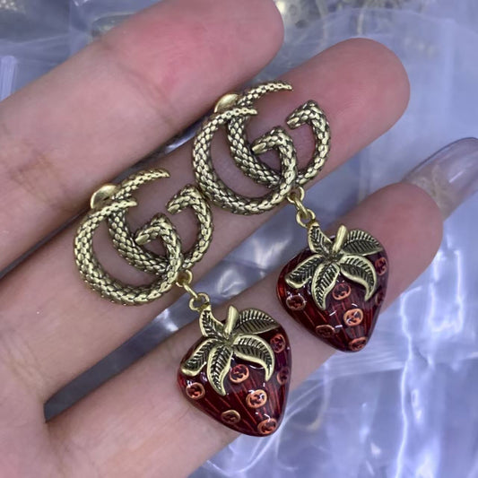 Vintage-Style Intertwined Initials and Strawberry Drop Earrings