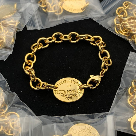 Classy Gold Cable Chain Bracelet with Engravable Round Tag