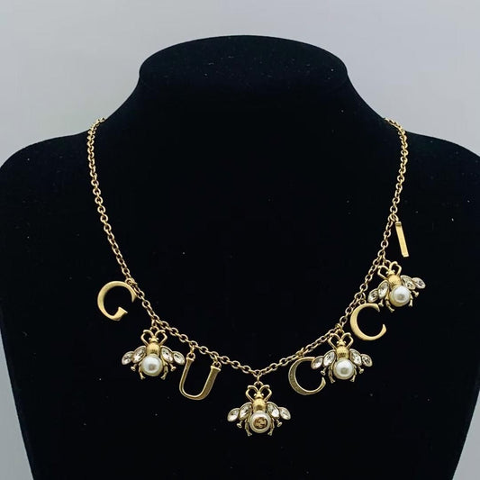 Chic Letter Charm Necklace with Pearl and Rhinestone Bee Pendants