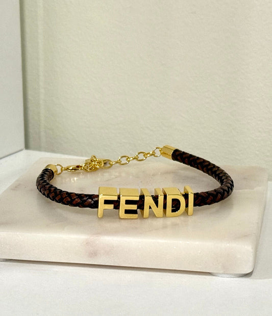 Braided Leather & Gold-Tone Lettering Bracelet